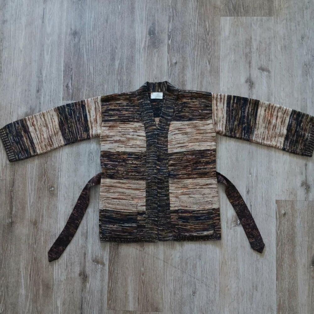 vintage 70s Pandora knit cardigan womens medium tie waist brown melange stripe